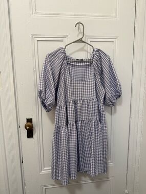 Nasty Gal Lavender Gingham Tiered Puff-Sleeve Dress